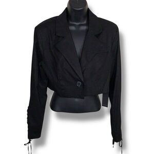 New Medium Forever 21 Black Cropped Blazer Lace Up Sleeves Goth Button Front